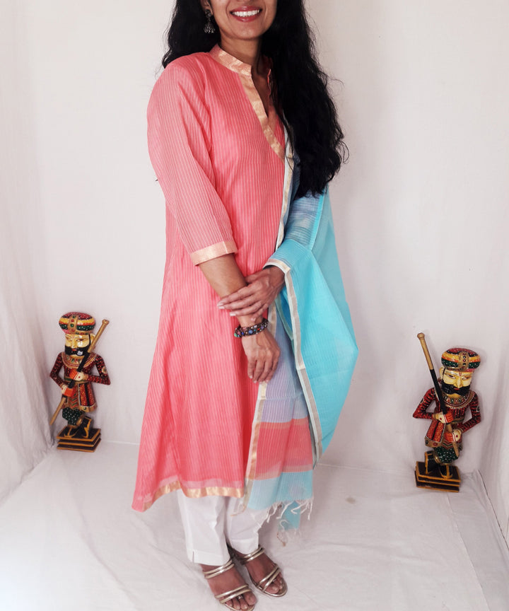 Pink blue maheshwari silk kurti and dupatta set