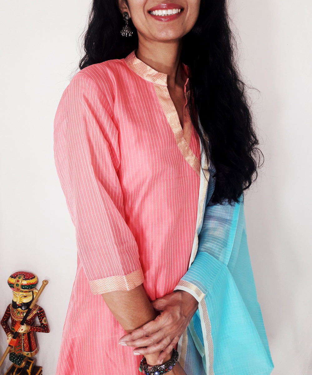 Pink blue maheshwari silk kurti and dupatta set