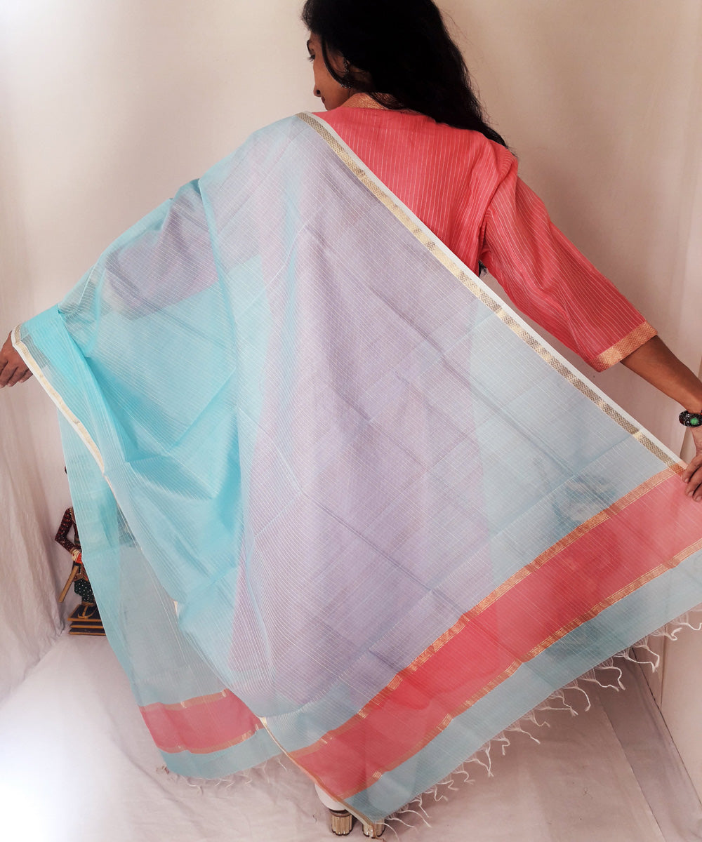 Pink blue maheshwari silk kurti and dupatta set