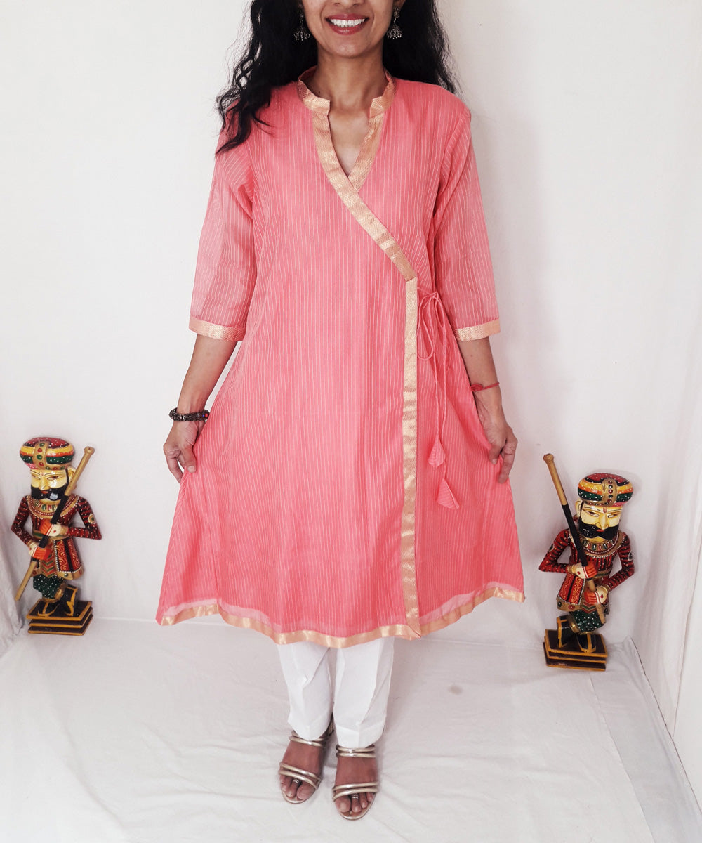 Pink blue maheshwari silk kurti and dupatta set
