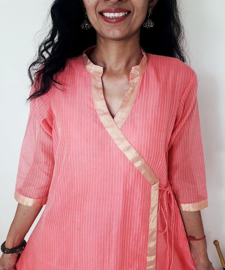 Pink blue maheshwari silk kurti and dupatta set