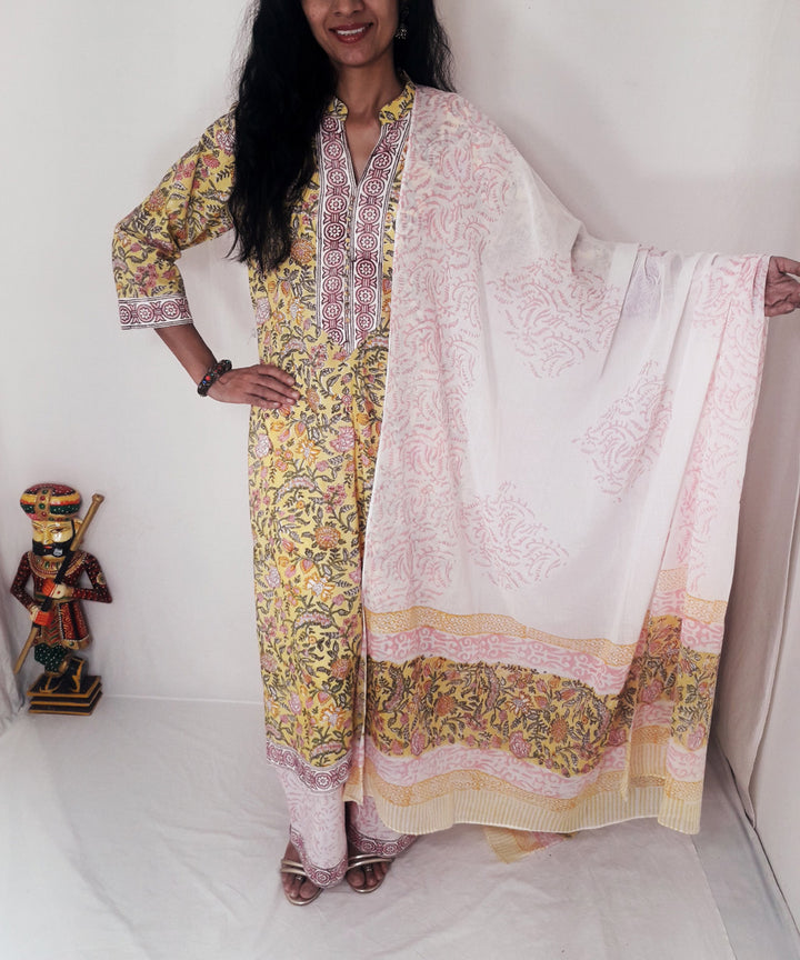 Yellow handblock print cotton suit set with chiffon dupatta