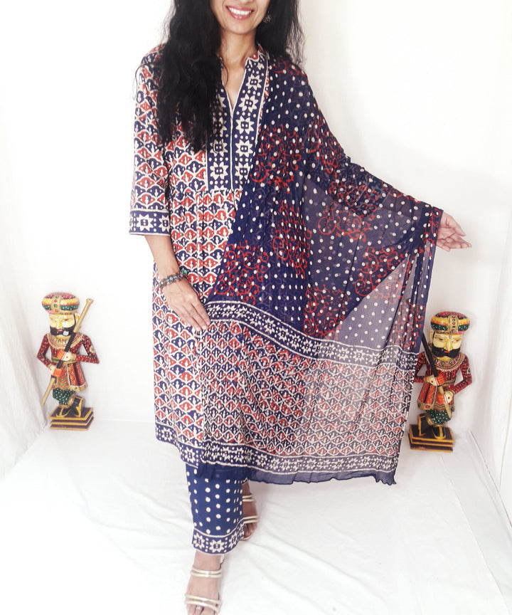 Blue red handblock print cotton suit set with chiffon dupatta