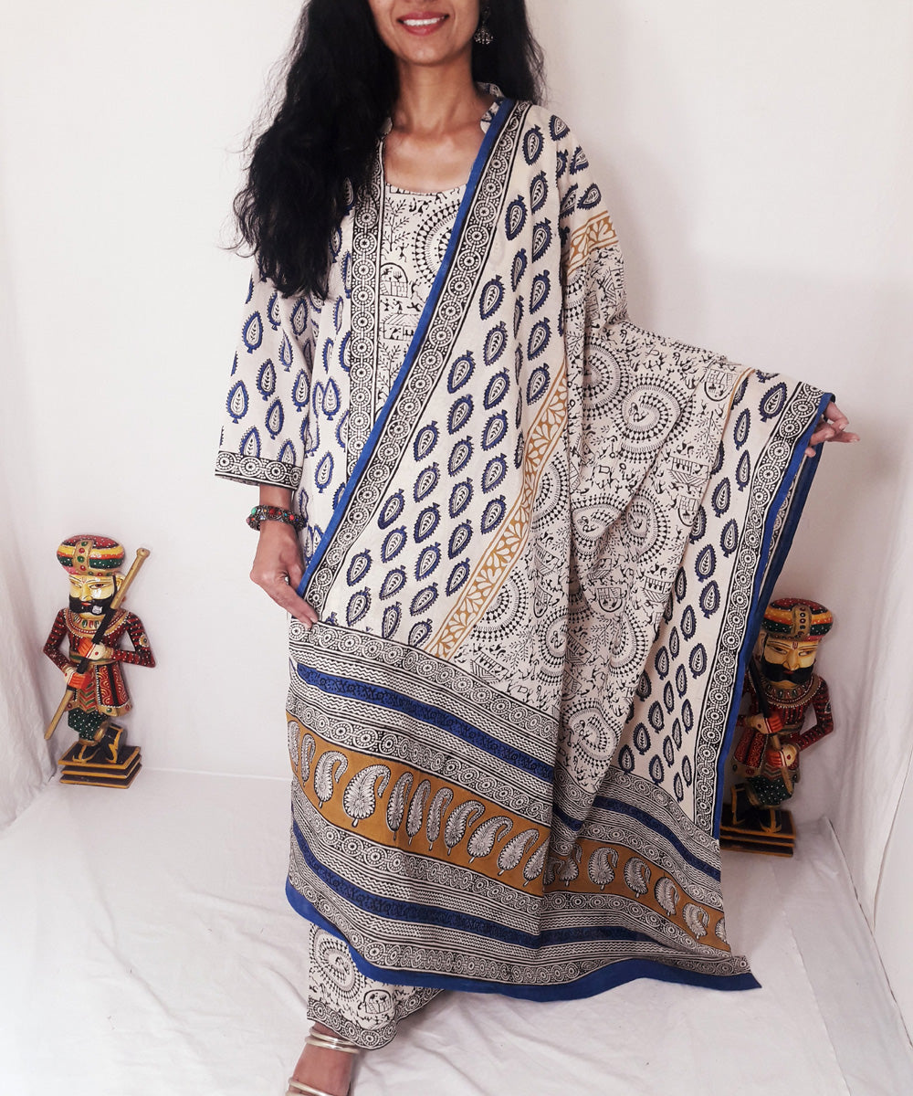 Blue yellow handblock print cotton suit set with dupatta