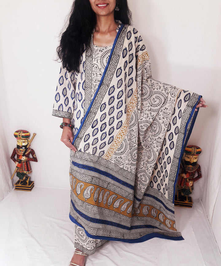 Blue yellow handblock print cotton suit set with dupatta
