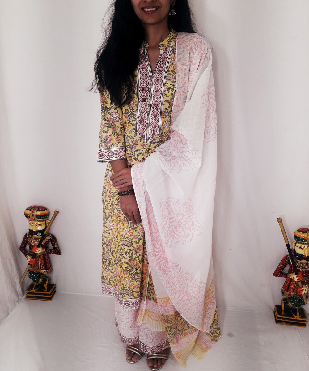 Yellow handblock print cotton suit set with chiffon dupatta
