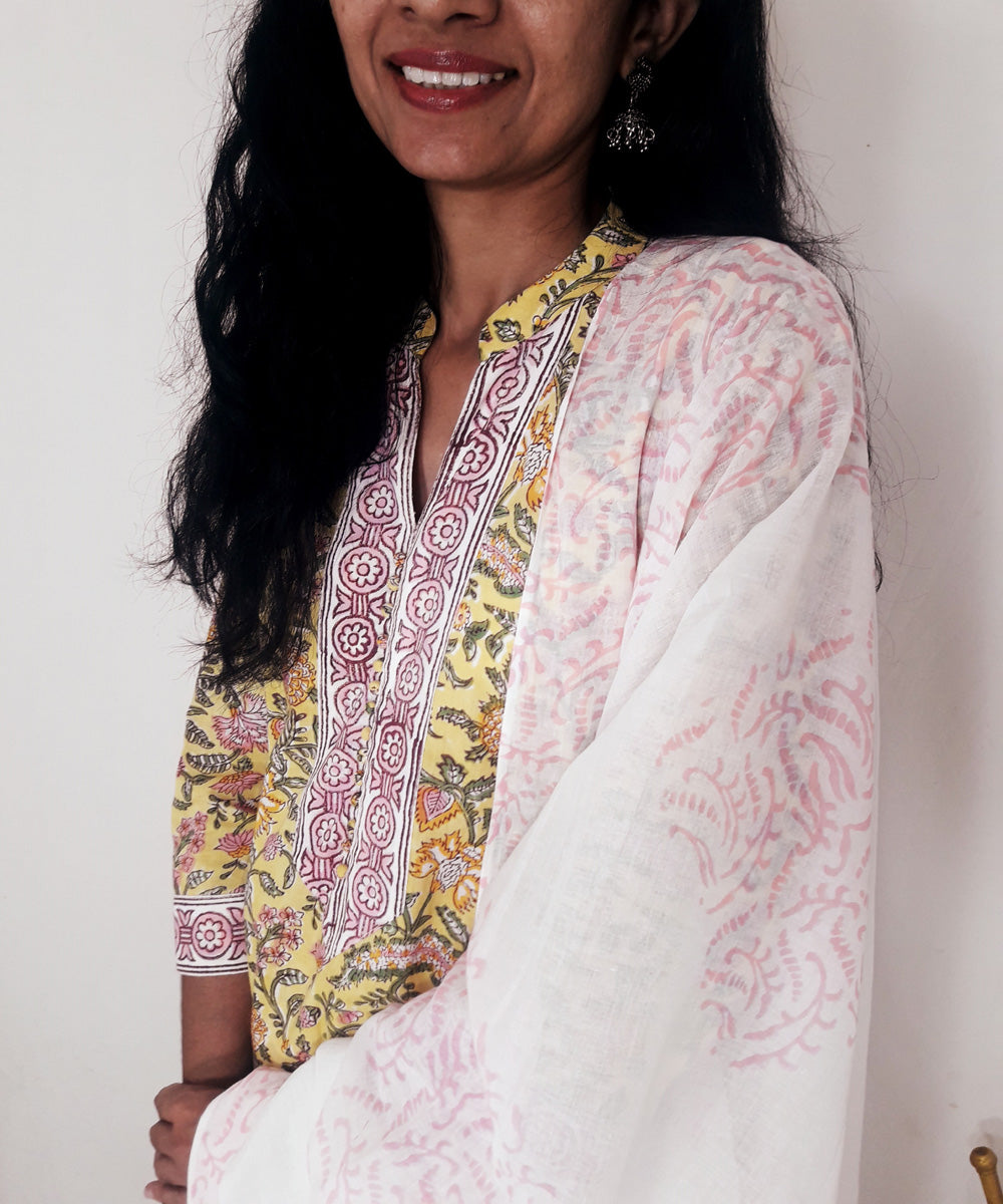 Yellow handblock print cotton suit set with chiffon dupatta