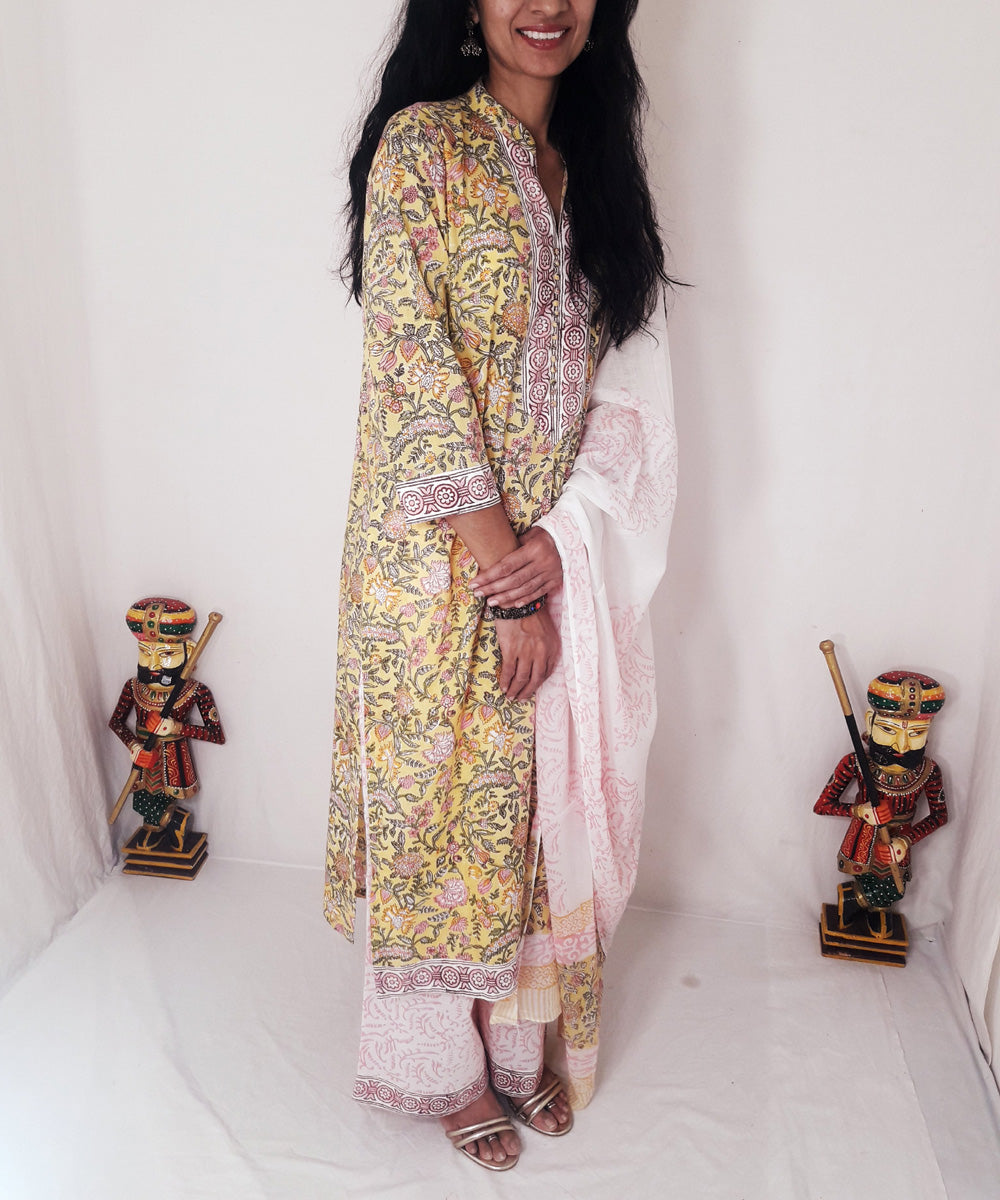 Yellow handblock print cotton suit set with chiffon dupatta