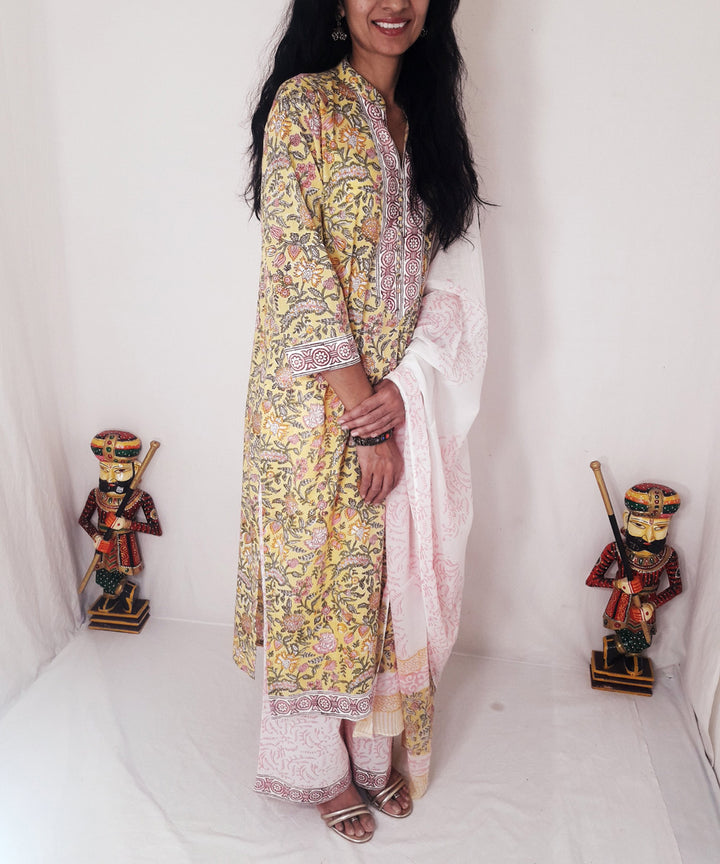 Yellow handblock print cotton suit set with chiffon dupatta