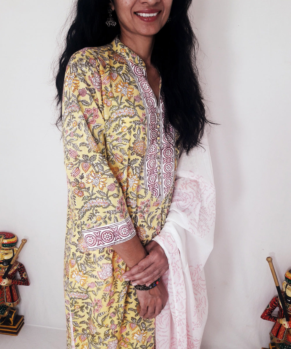 Yellow handblock print cotton suit set with chiffon dupatta