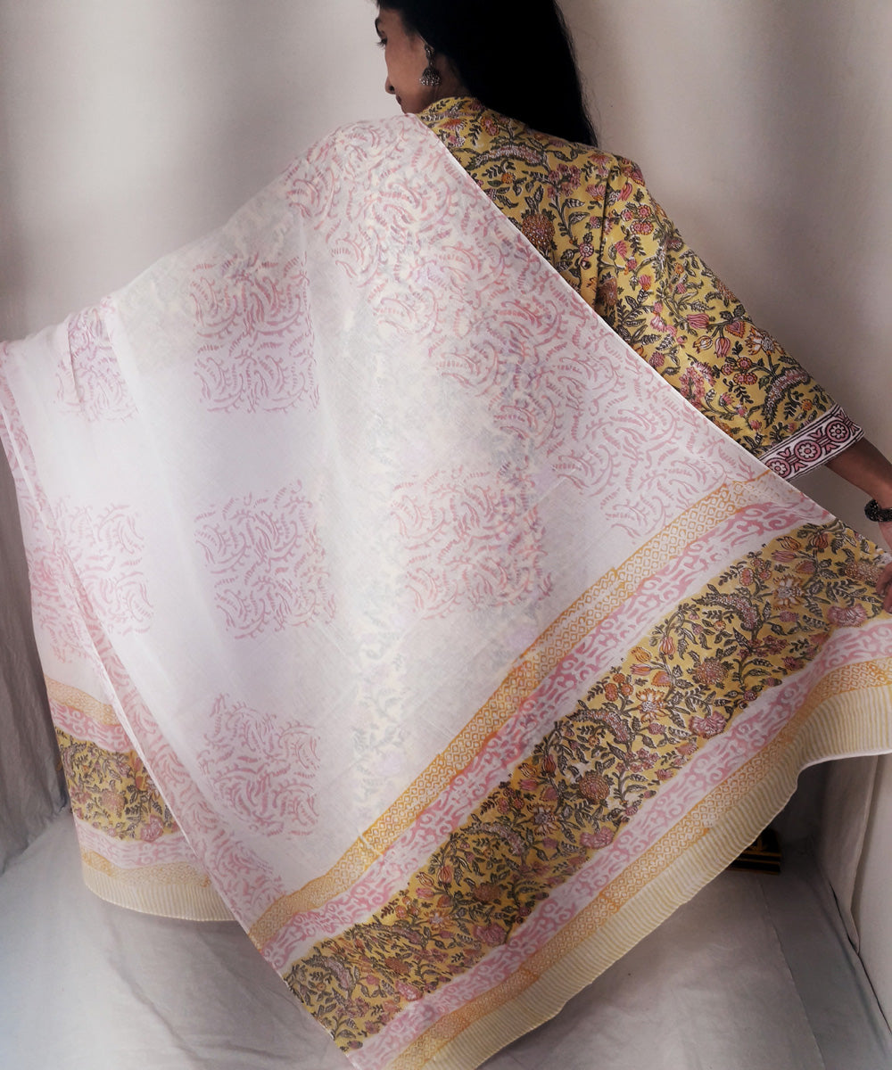 Yellow handblock print cotton suit set with chiffon dupatta