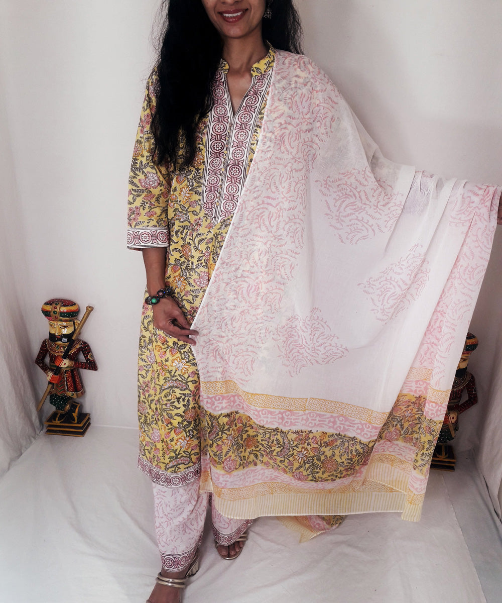 Yellow handblock print cotton suit set with chiffon dupatta