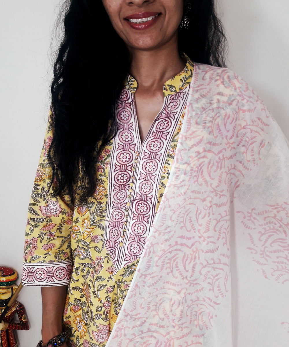 Yellow handblock print cotton suit set with chiffon dupatta