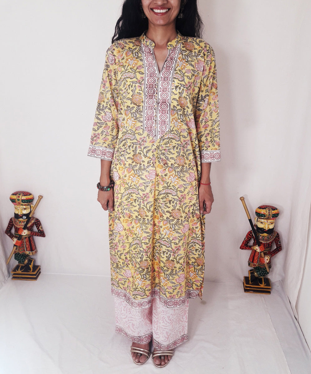 Yellow handblock print cotton suit set with chiffon dupatta