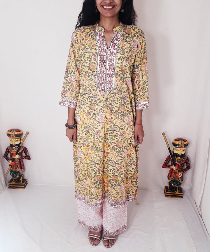 Yellow handblock print cotton suit set with chiffon dupatta