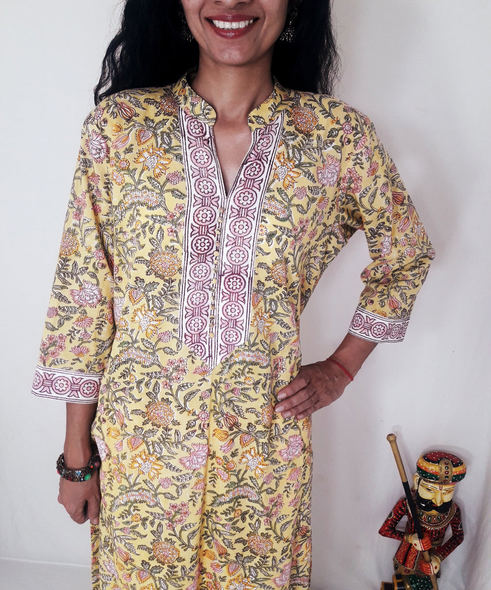 Yellow handblock print cotton suit set with chiffon dupatta