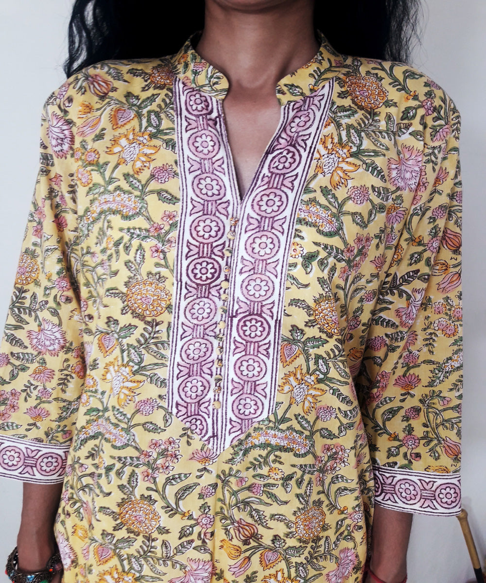 Yellow handblock print cotton suit set with chiffon dupatta