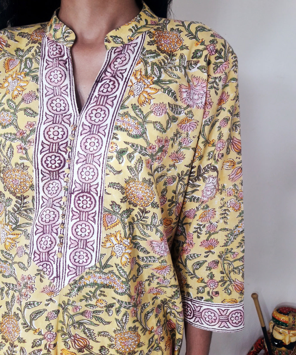 Yellow handblock print cotton suit set with chiffon dupatta