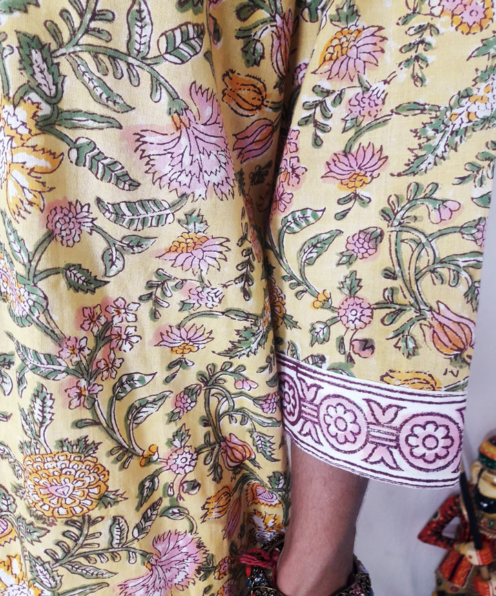 Yellow handblock print cotton suit set with chiffon dupatta