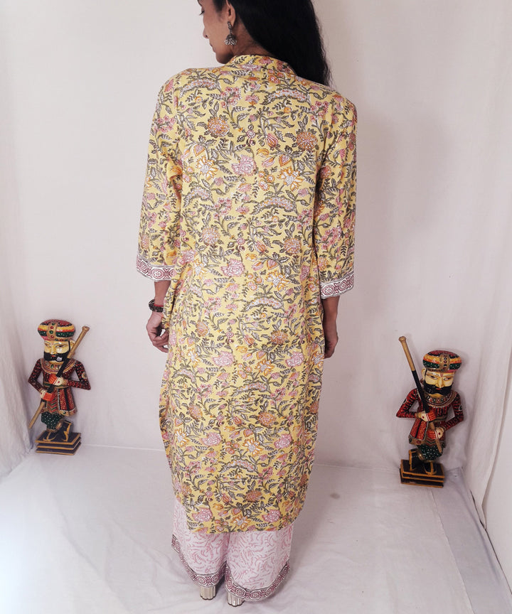 Yellow handblock print cotton suit set with chiffon dupatta