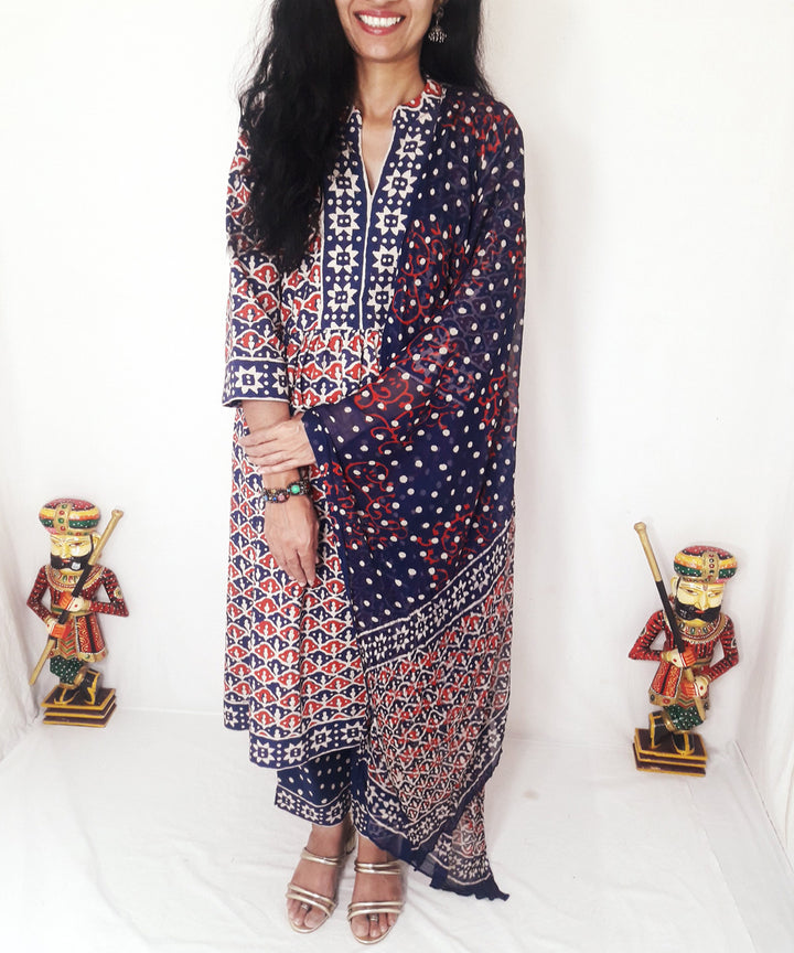 Blue red handblock print cotton suit set with chiffon dupatta