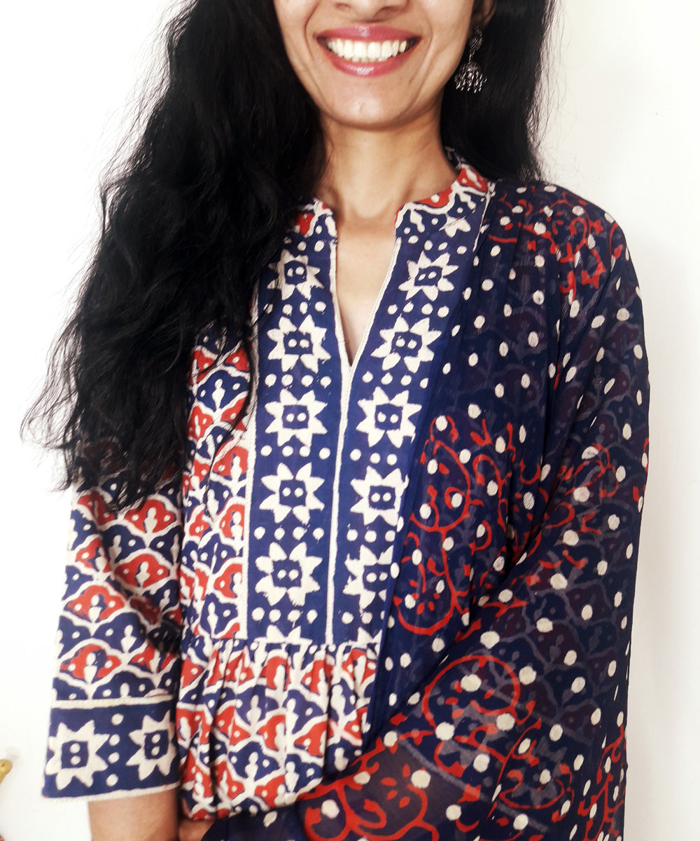 Blue red handblock print cotton suit set with chiffon dupatta