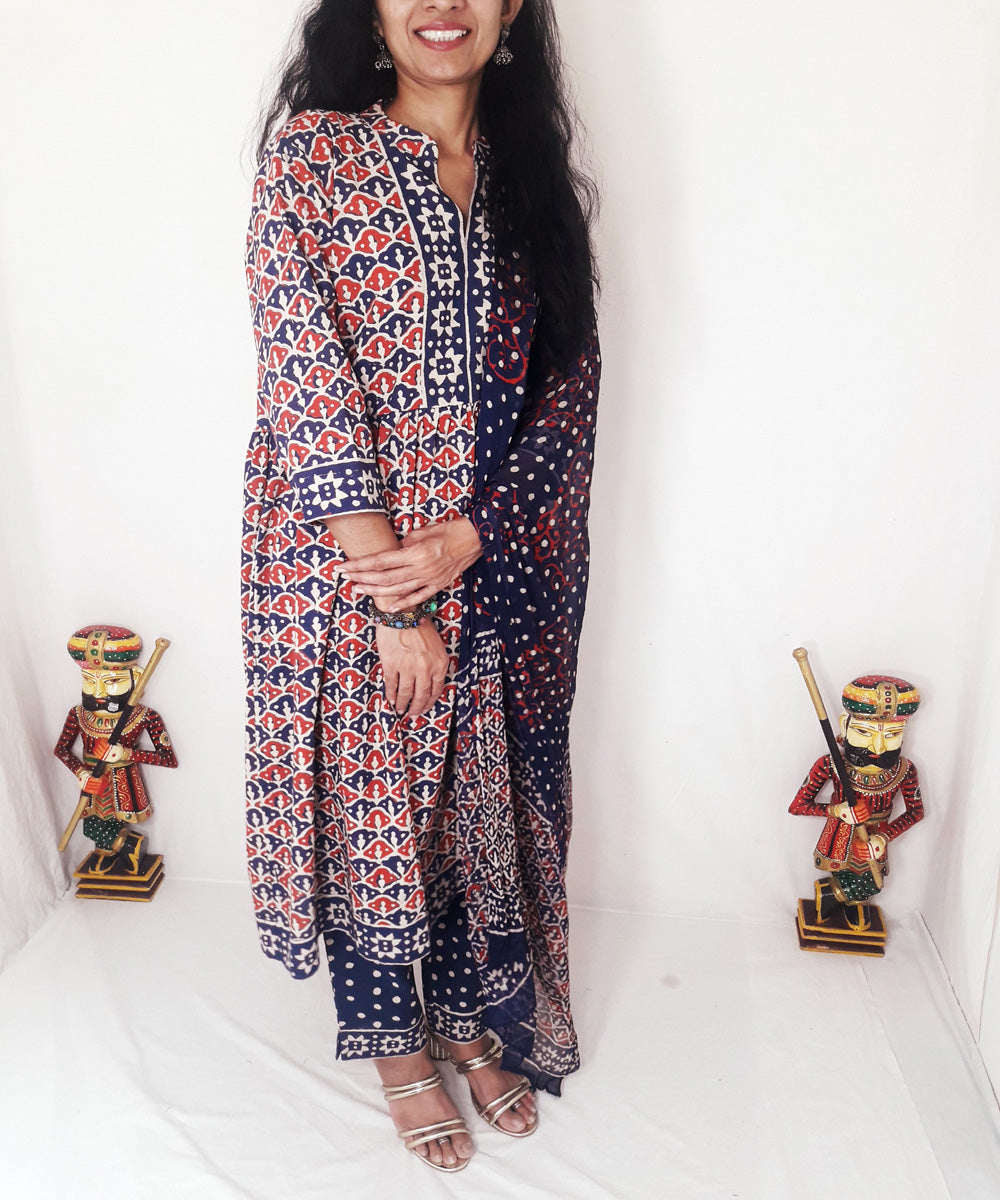 Blue red handblock print cotton suit set with chiffon dupatta