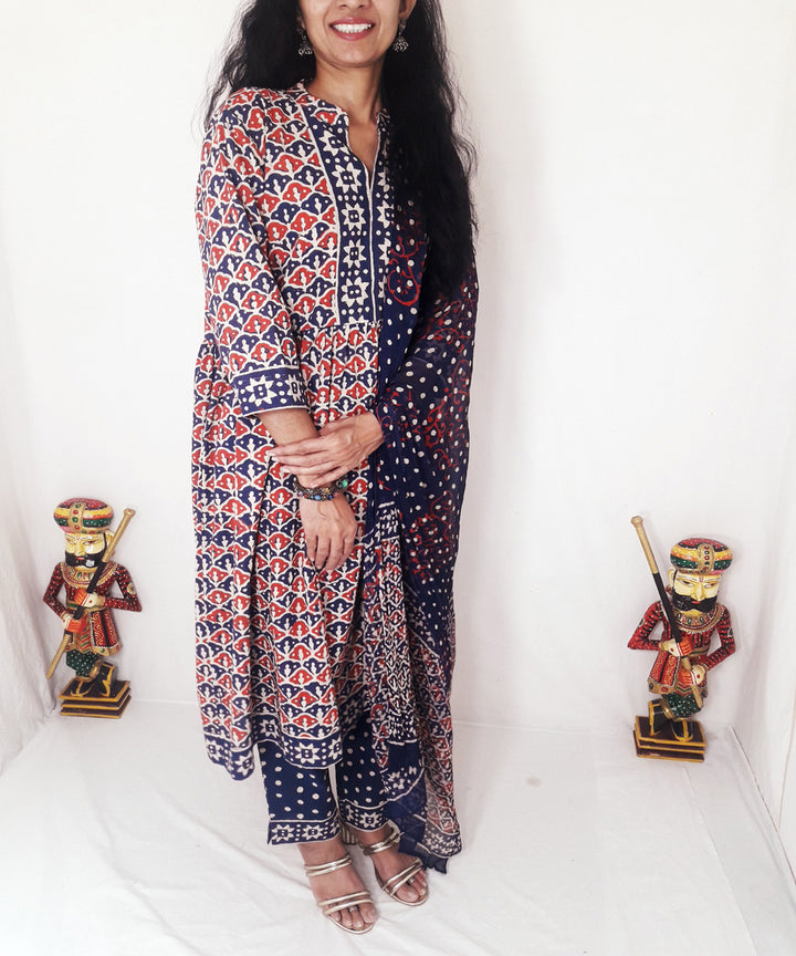 Blue red handblock print cotton suit set with chiffon dupatta
