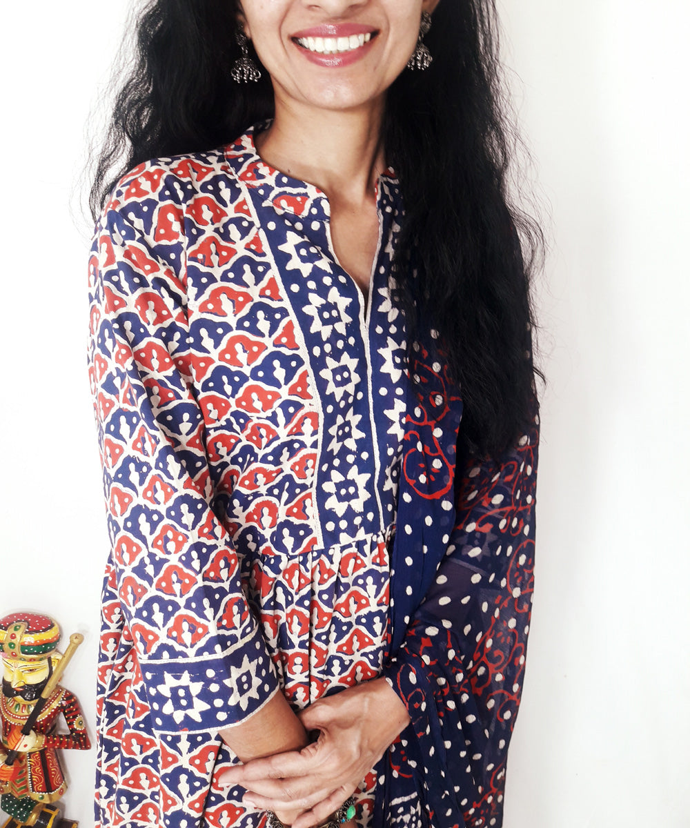 Blue red handblock print cotton suit set with chiffon dupatta