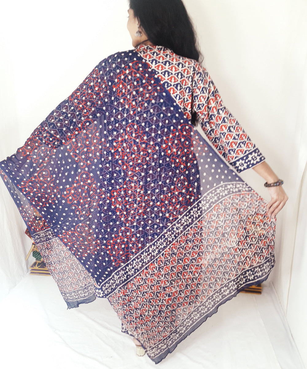 Blue red handblock print cotton suit set with chiffon dupatta