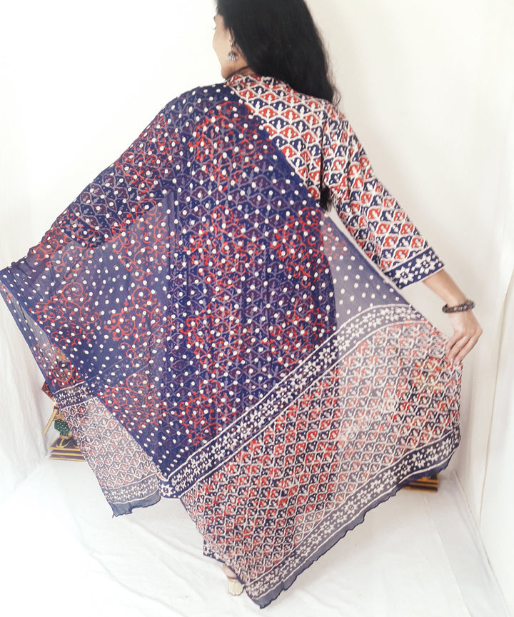 Blue red handblock print cotton suit set with chiffon dupatta