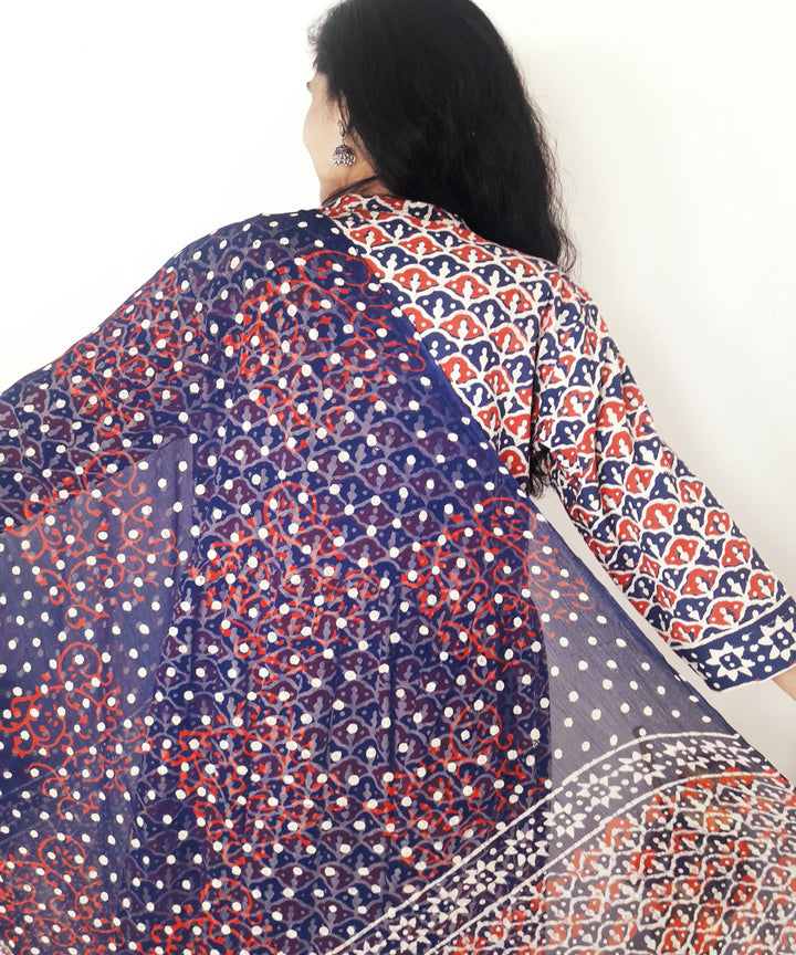Blue red handblock print cotton suit set with chiffon dupatta
