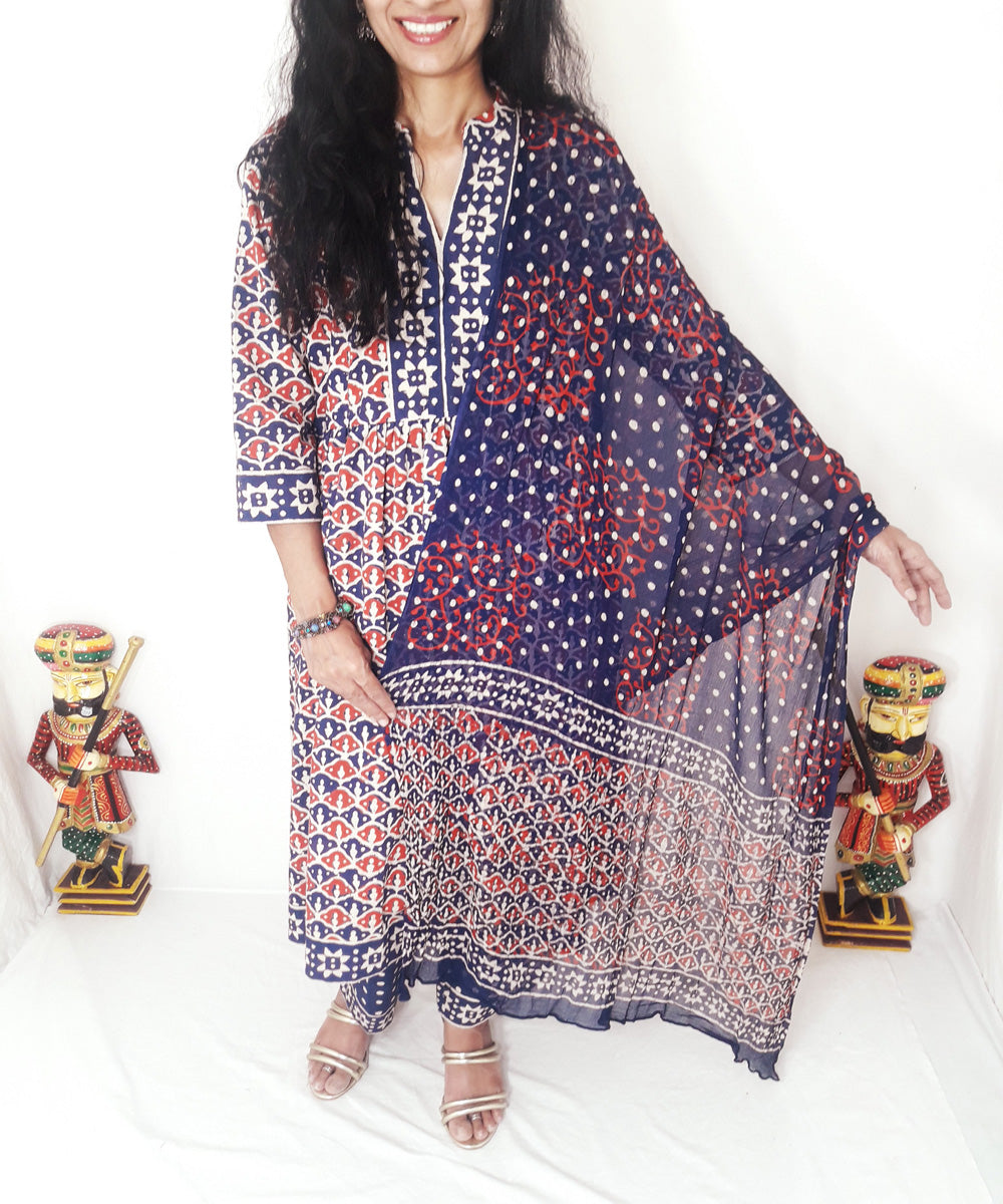 Blue red handblock print cotton suit set with chiffon dupatta