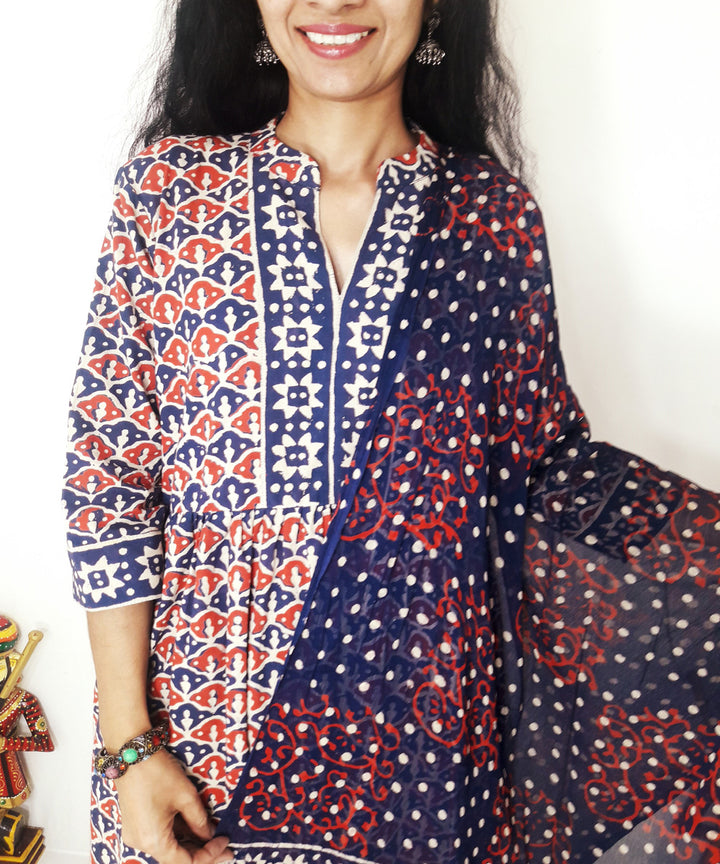 Blue red handblock print cotton suit set with chiffon dupatta