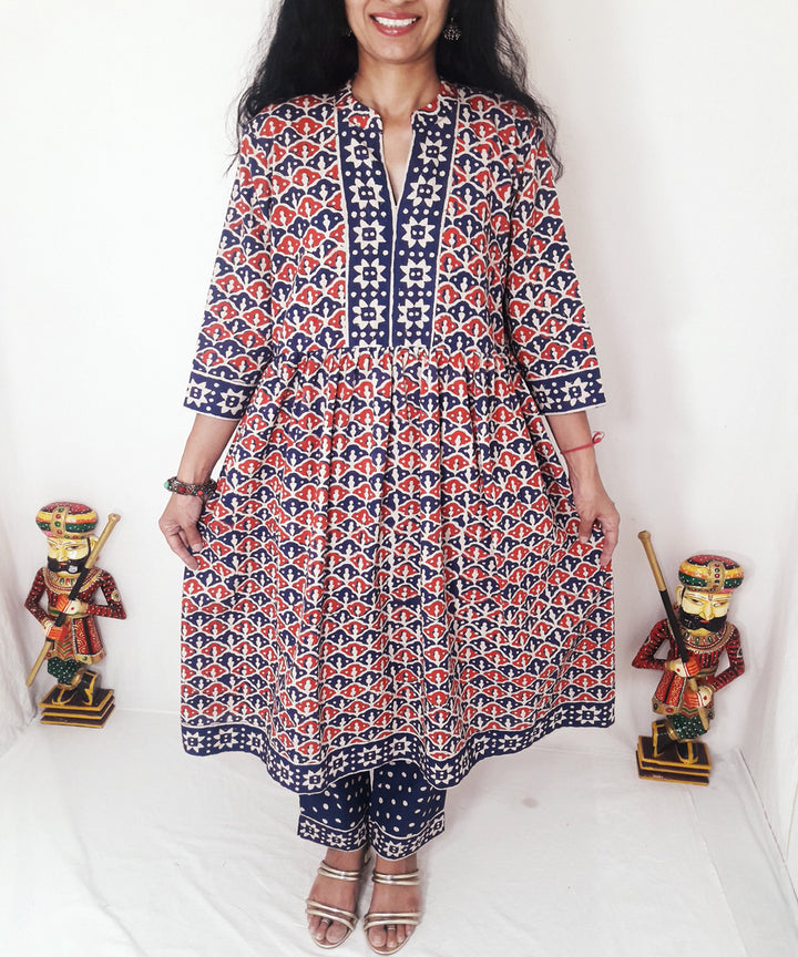 Blue red handblock print cotton suit set with chiffon dupatta