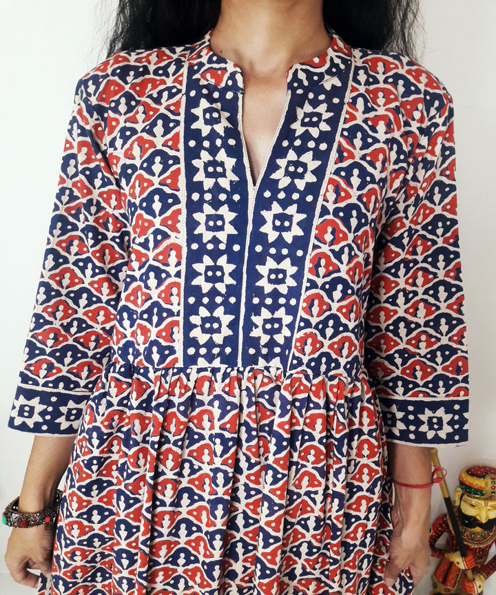 Blue red handblock print cotton suit set with chiffon dupatta