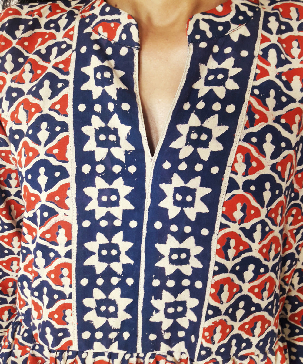 Blue red handblock print cotton suit set with chiffon dupatta