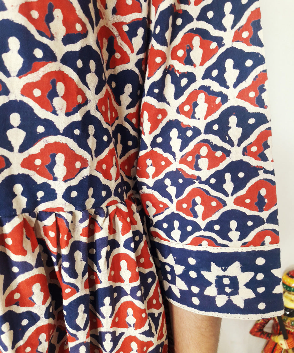Blue red handblock print cotton suit set with chiffon dupatta