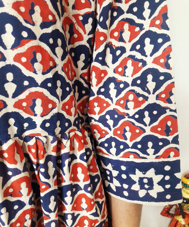 Blue red handblock print cotton suit set with chiffon dupatta