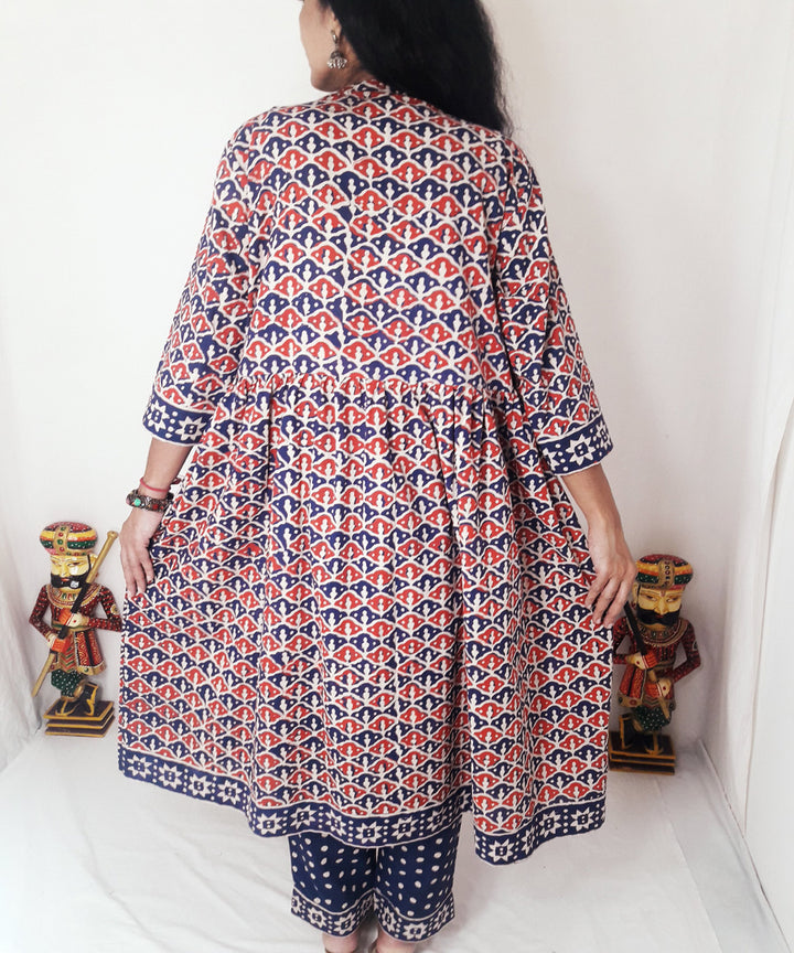 Blue red handblock print cotton suit set with chiffon dupatta