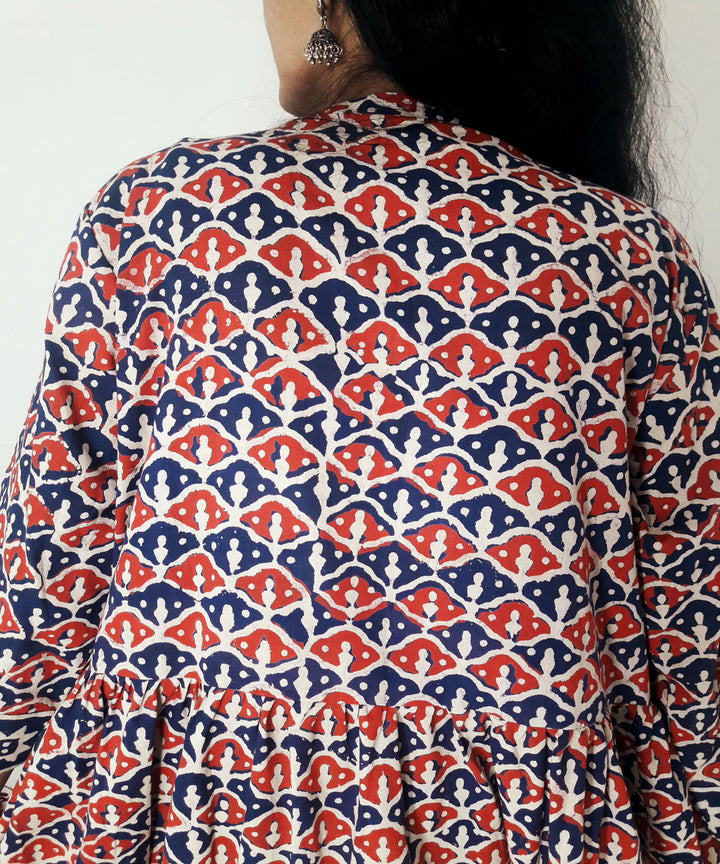 Blue red handblock print cotton suit set with chiffon dupatta