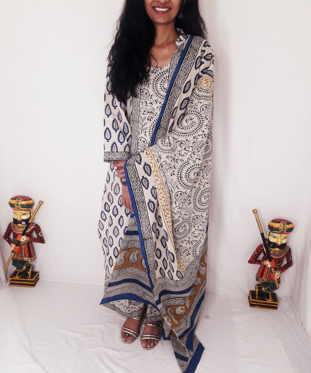 Blue yellow handblock print cotton suit set with dupatta