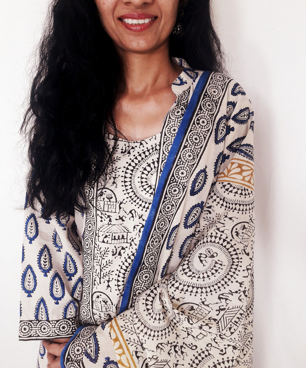 Blue yellow handblock print cotton suit set with dupatta