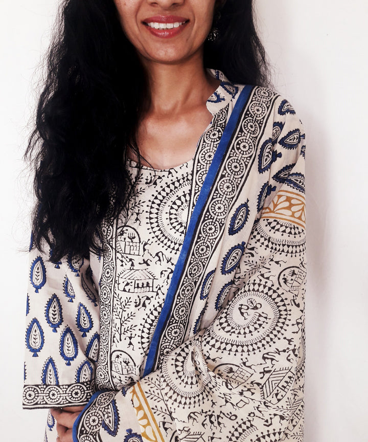 Blue yellow handblock print cotton suit set with dupatta