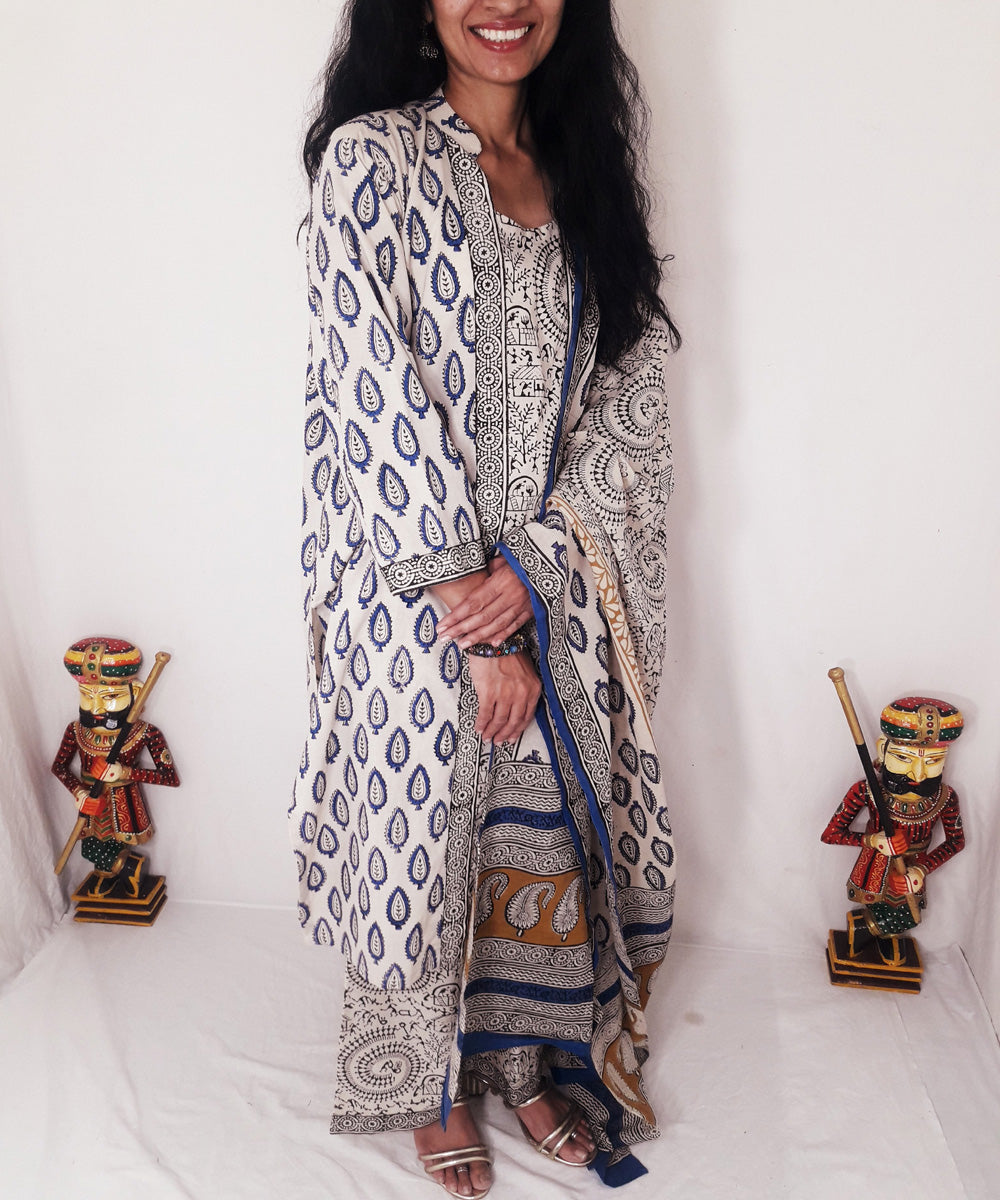 Blue yellow handblock print cotton suit set with dupatta