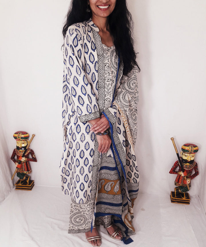 Blue yellow handblock print cotton suit set with dupatta