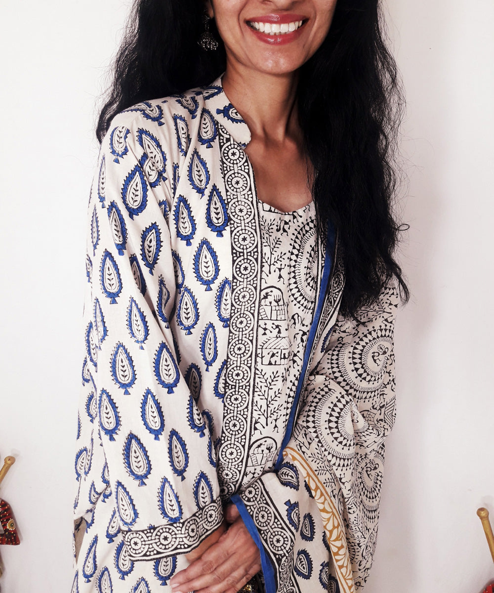 Blue yellow handblock print cotton suit set with dupatta