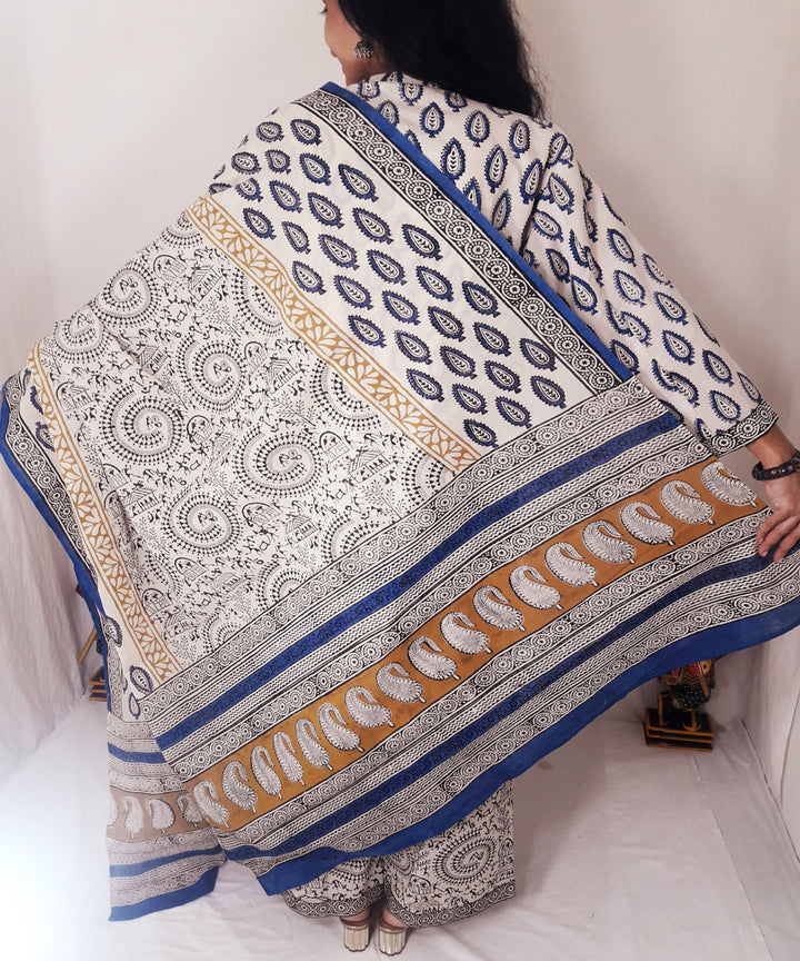 Blue yellow handblock print cotton suit set with dupatta