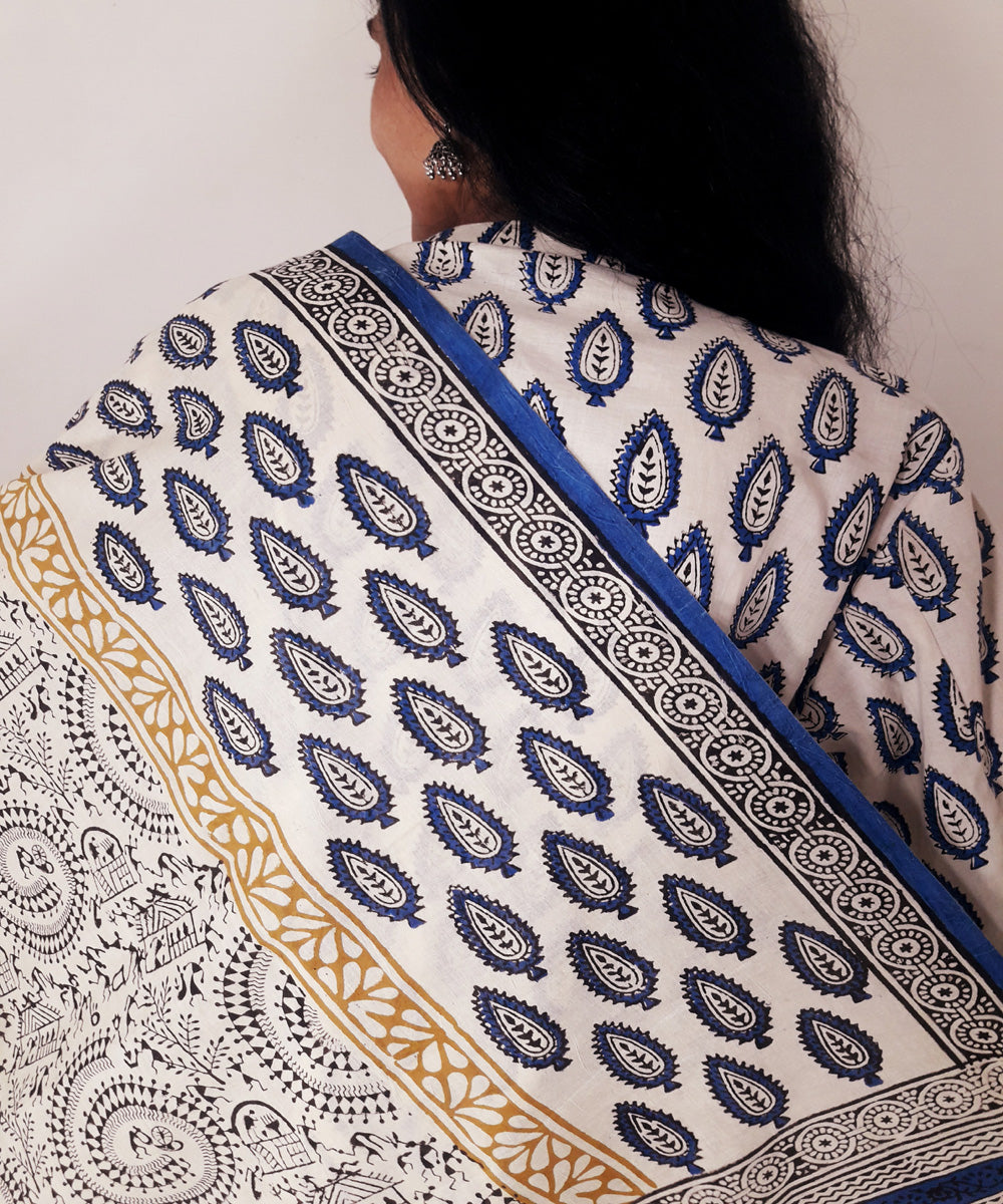 Blue yellow handblock print cotton suit set with dupatta