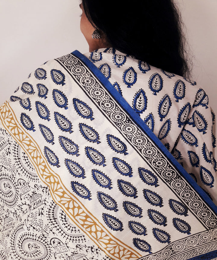Blue yellow handblock print cotton suit set with dupatta